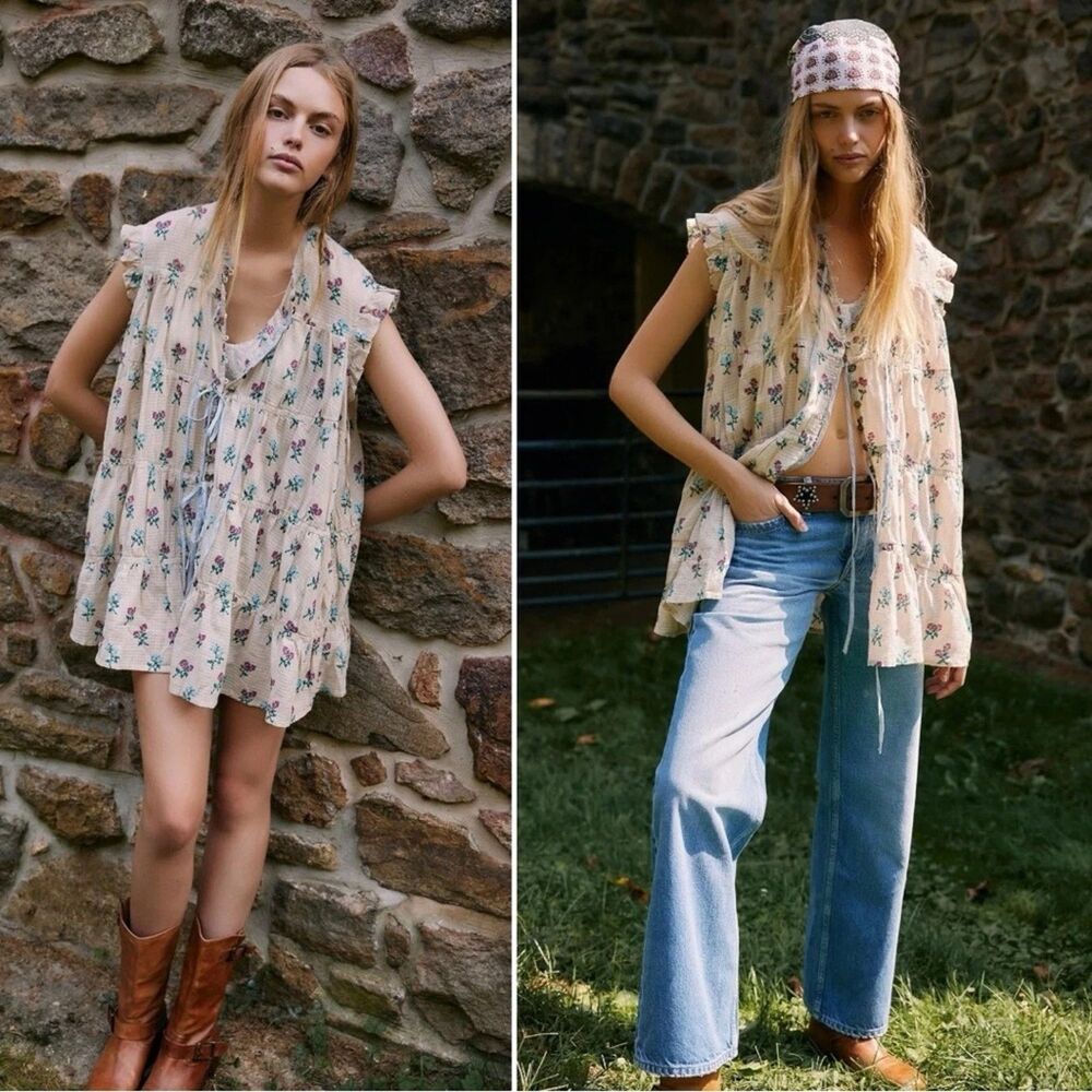 Free People Bohemian Prairie Sundown Mini Dress Tunic Top Ivory Combo Size L